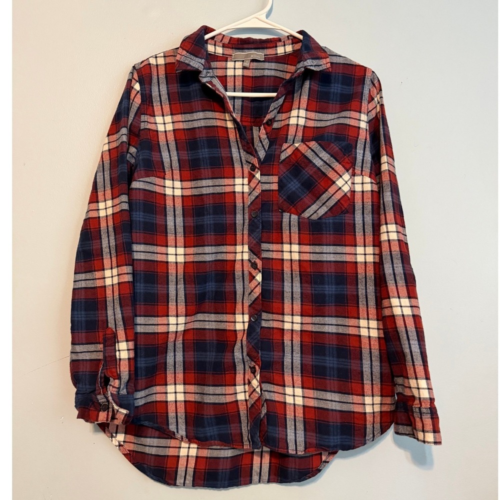 Be Cool Women's Small Red‎ Navy Plaid Flannel Button Down Shirt Cotton 1859